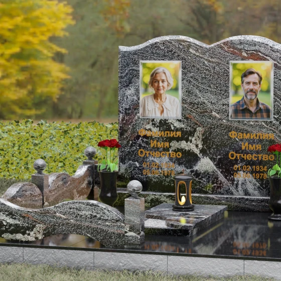 Горизонтальный гранитный памятник на двоих в Томске, гранит амфиболит, вид 4