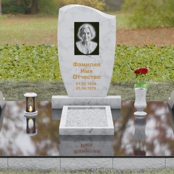 Гранитный вертикальный памятник без креста в Мурманске, мрамор Тассос, вид 2