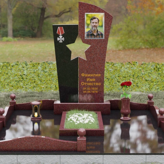 Гранитный монумент со звездой для военных, гранит Лезниковский, вид 2