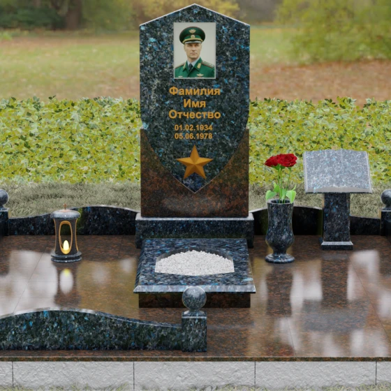 Вертикальный Комбинированный памятник на одного в Салехарде, гранит Блю Перл, вид 2