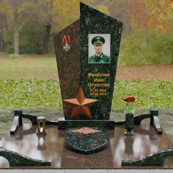 Вертикальный Комбинированный памятник на одного в Салехарде, гранит Балтик грин, вид 2
