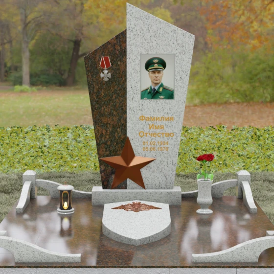 Вертикальный Комбинированный памятник на одного в Салехарде, гранит Мансуровский, вид 2