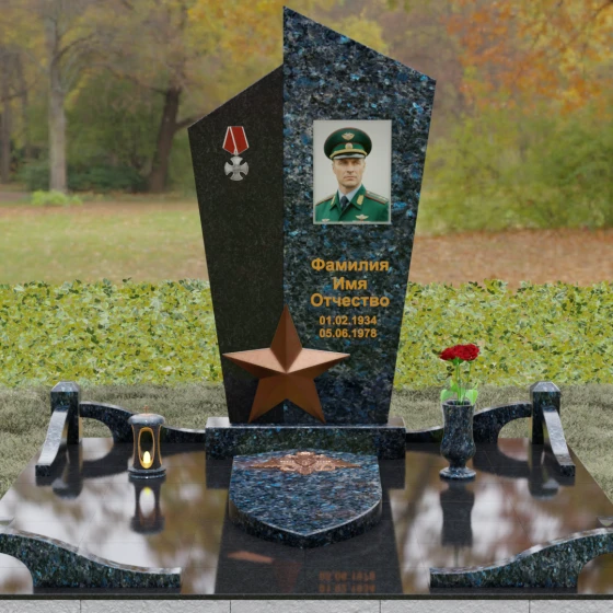 Вертикальный Комбинированный памятник на одного в Салехарде, гранит Блю Перл, вид 2