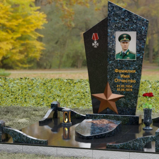Вертикальный Комбинированный памятник на одного в Салехарде, гранит Блю Перл, вид 4
