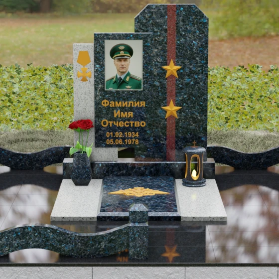 Комбинированный памятник из гранита и мрамора, гранит Блю Перл, вид 2