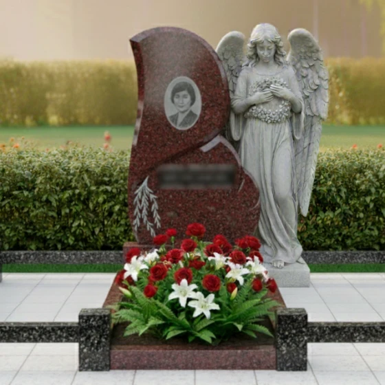 Гранитный памятник с ангелом — хранителем и подсветкой, гранит Лезниковский, в Якутске