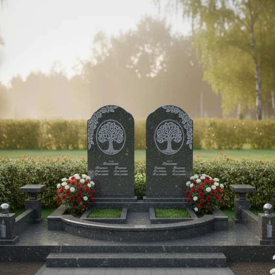 Гранитный вертикальный памятник для двоих в Барнауле, гранит Габбро-диабаз