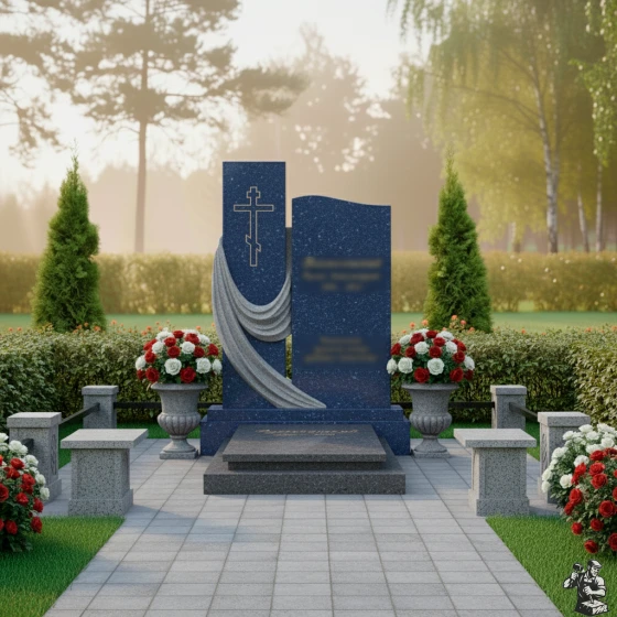 Элитный памятник с драпировкой и крестом, гранит Блю Перл, в Якутске