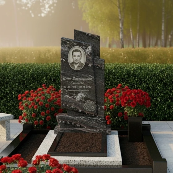 Мемориальная композиция с розой и асимметричными блоками, гранит амфиболит, в Якутске