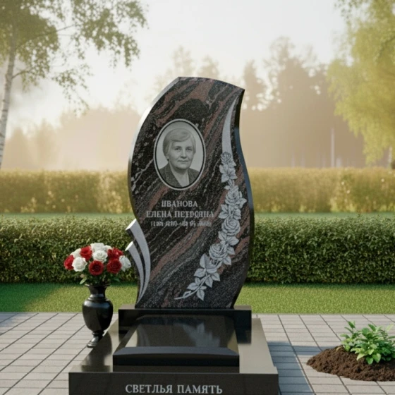 Памятник с изогнутой стелой и гравировкой роз, гранит амфиболит, в Якутске