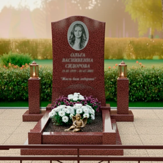 Мемориальный комплекс с арочной стелой, лампами и цветами, гранит Лезниковский, в Якутске