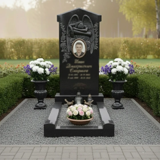 Гранитный памятник с крыльями ангела, гранит Габбро-диабаз