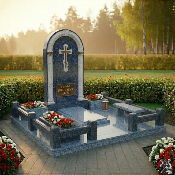 Комбинированный семейный православный памятник в Ставрополе, гранит Блю Перл