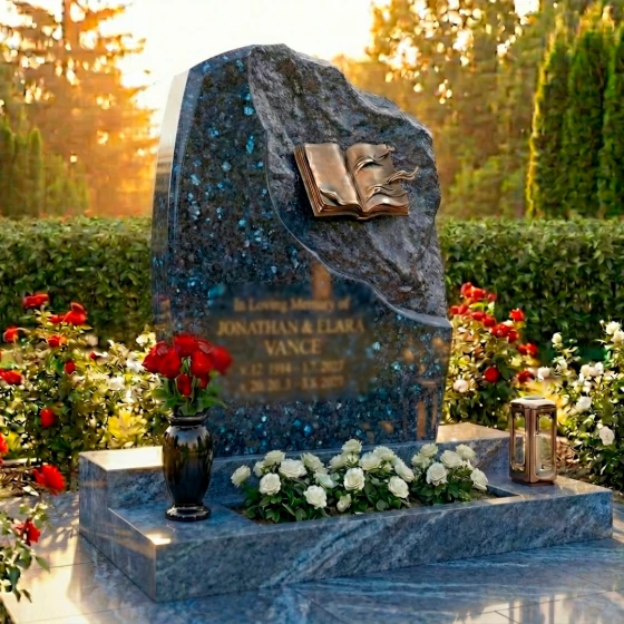 Комбинированный гранитный памятник с книгой для двоих, гранит Блю Перл