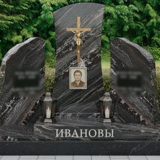 Православный гранитный памятник с крестом на двоих во Владивостоке, гранит амфиболит