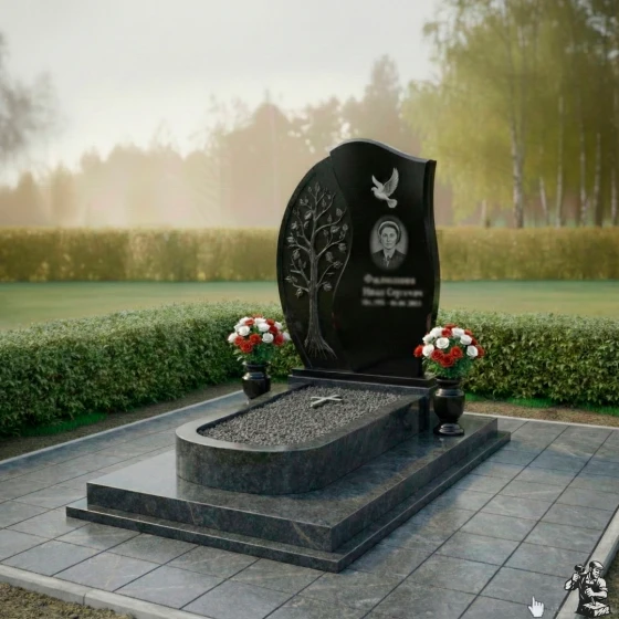 Гранитный мемориал с деревом и голубем, гранит Габбро-диабаз, в Якутске