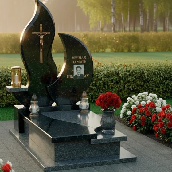 Мемориальная композиция с латунным крестом и вазой, гранит амфиболит, в Якутске