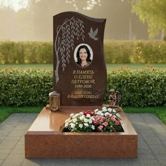 Гранитный вертикальный памятник с мемориальным комплексом в Барнауле, гранит Дымовский