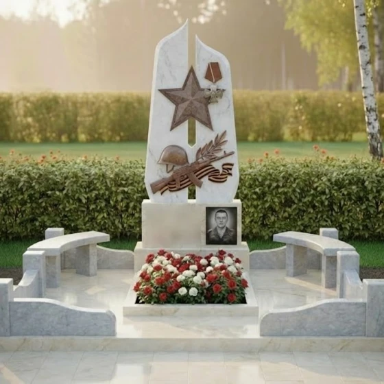 Гранитный памятник светский для комплекса в Салехарде, мрамор Тассос