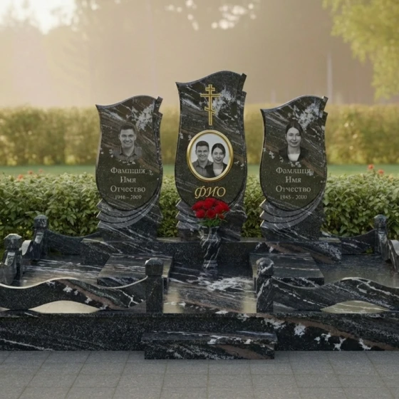 Элитный православный гранитный памятник на троих в Омске, гранит амфиболит