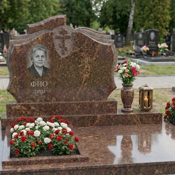 Вертикальный гранитный мемориальный комплекс с крестом в Нижневартовске, гранит Дымовский