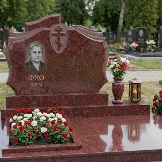 Вертикальный гранитный мемориальный комплекс с крестом в Нижневартовске, гранит Лезниковский