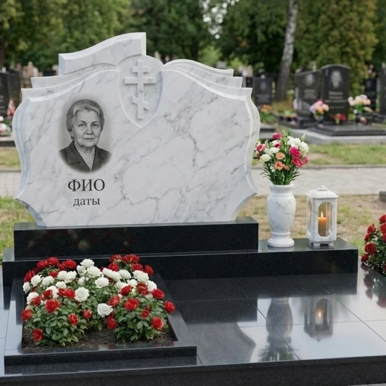 Вертикальный гранитный мемориальный комплекс с крестом в Нижневартовске, мрамор Тассос