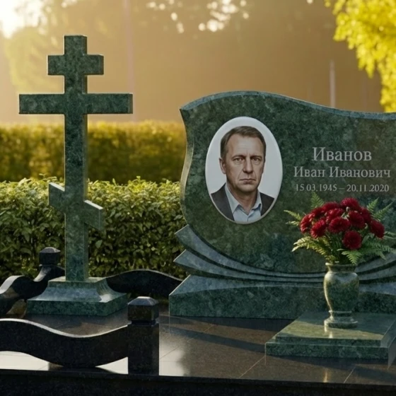 Памятник с драпировкой, букетом роз и крестом, гранит Балтик грин