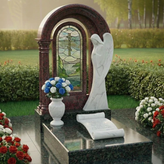 Мемориальный комплекс с витражом и ангелом из мрамора, гранит амфиболит
