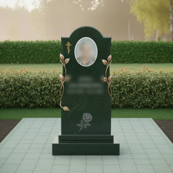 Православный вертикальный памятник в Альметьевске, гранит Балтик грин