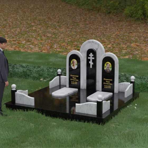 Православный вертикальный комбинированный памятник на двоих в Волгограде, мрамор Тассос, вид 4