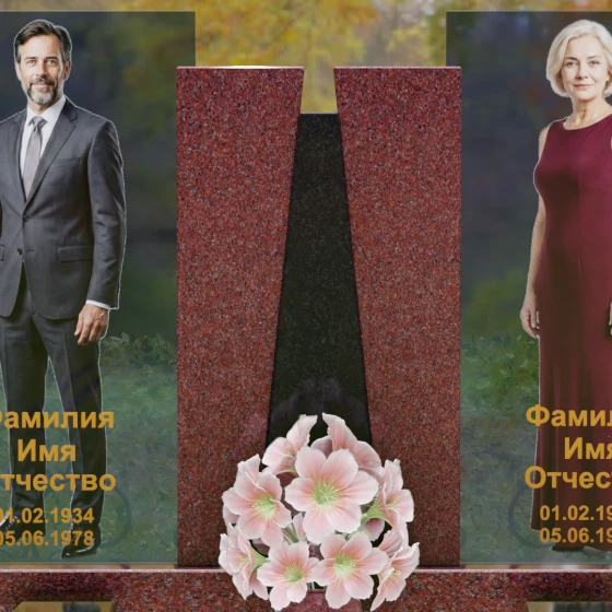 Комбинированный памятник со стеклянными панелями и гранитным пилоном, гранит Лезниковский, в Якутске