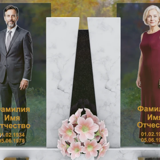 Комбинированный памятник со стеклянными панелями и гранитным пилоном, мрамор Тассос, в Якутске