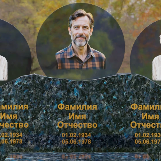 Горизонтальный гранитный памятник на троих в Воронеже, гранит Блю Перл