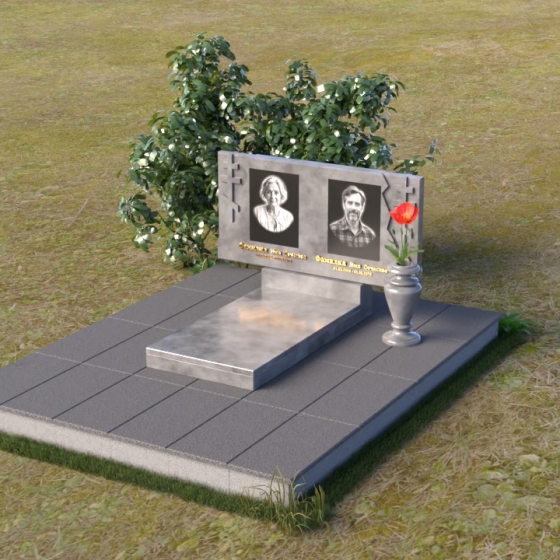 Православный горизонтальный памятник с крестом для двоих в Новокузнецке, мрамор Тассос