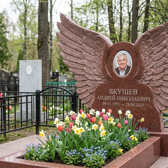 Памятник с крылом ангела из лезниковского гранита с портретом