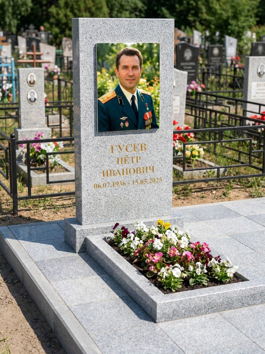 Портрет на памятнике в Нижневартовске — Прямоугольник на гранитной стеле, ФИО и даты на портрете